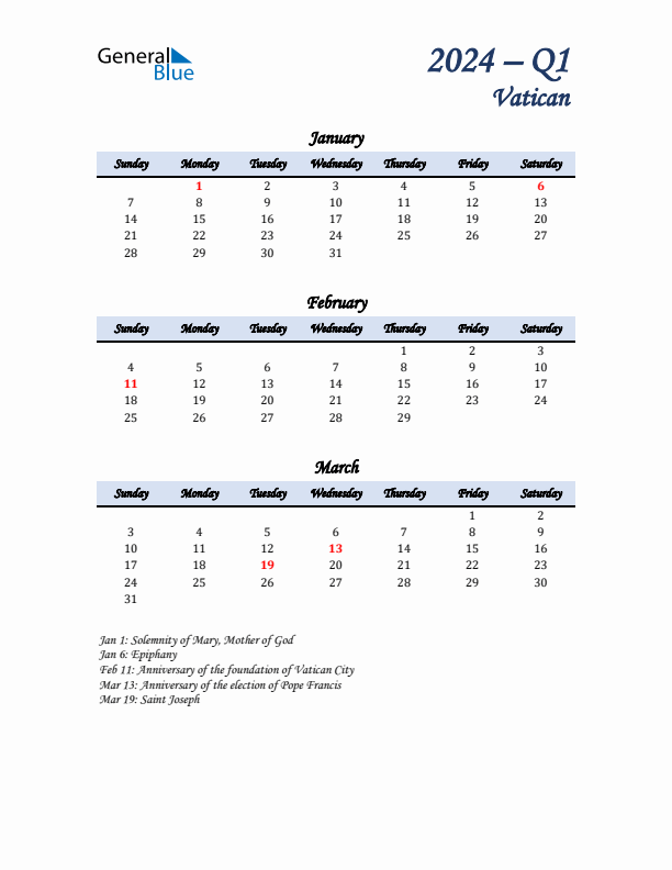 January, February, and March Calendar for Vatican with Sunday Start