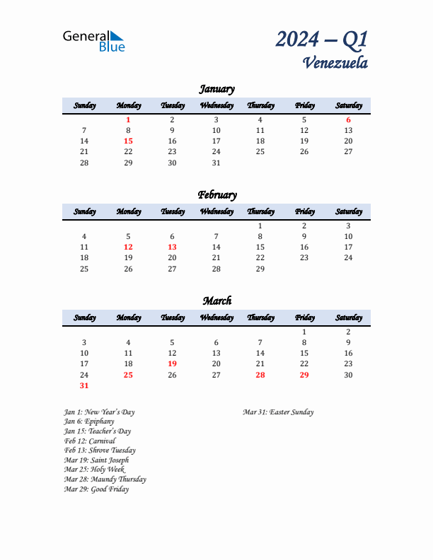 January, February, and March Calendar for Venezuela with Sunday Start