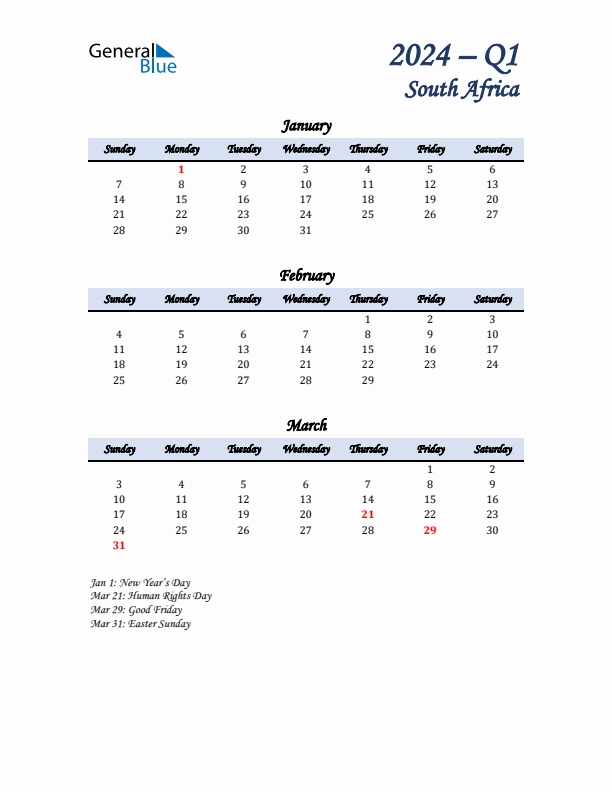 January, February, and March Calendar for South Africa with Sunday Start