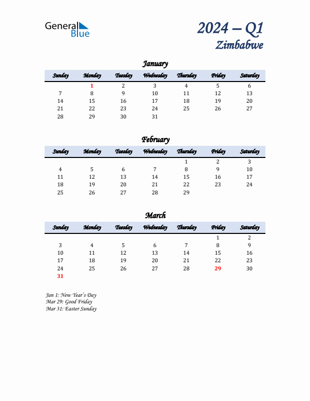 January, February, and March Calendar for Zimbabwe with Sunday Start