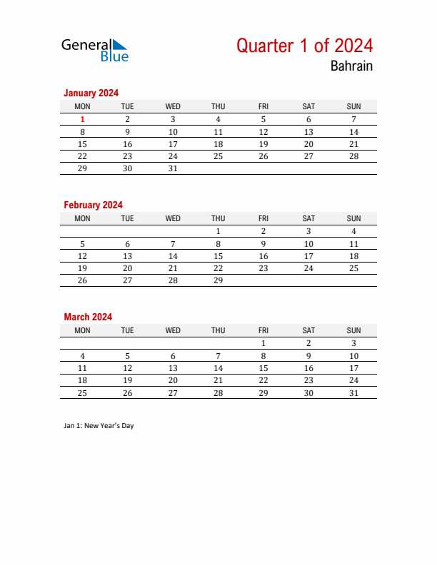 Printable Three Month Calendar with Bahrain Holidays