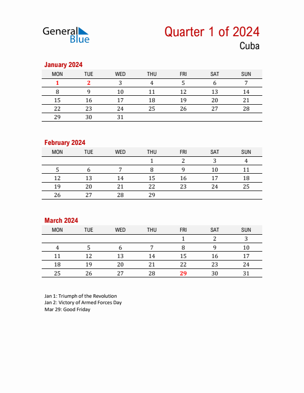 Printable Three Month Calendar with Cuba Holidays