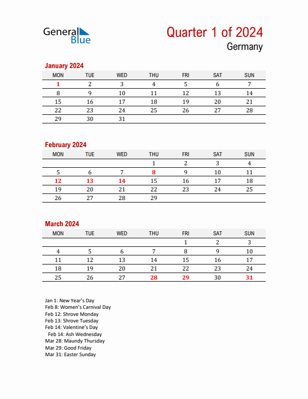 Printable Three Month Calendar with Germany Holidays