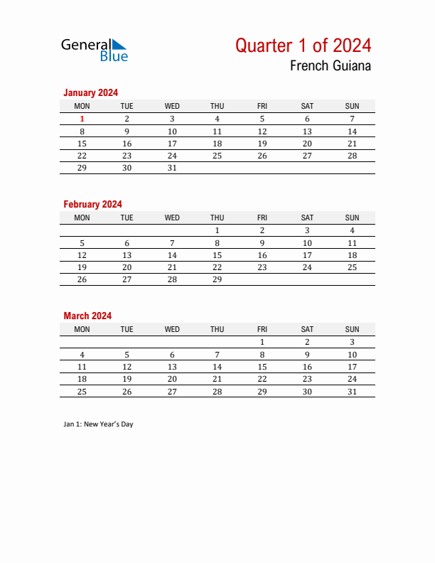 Printable Three Month Calendar with French Guiana Holidays