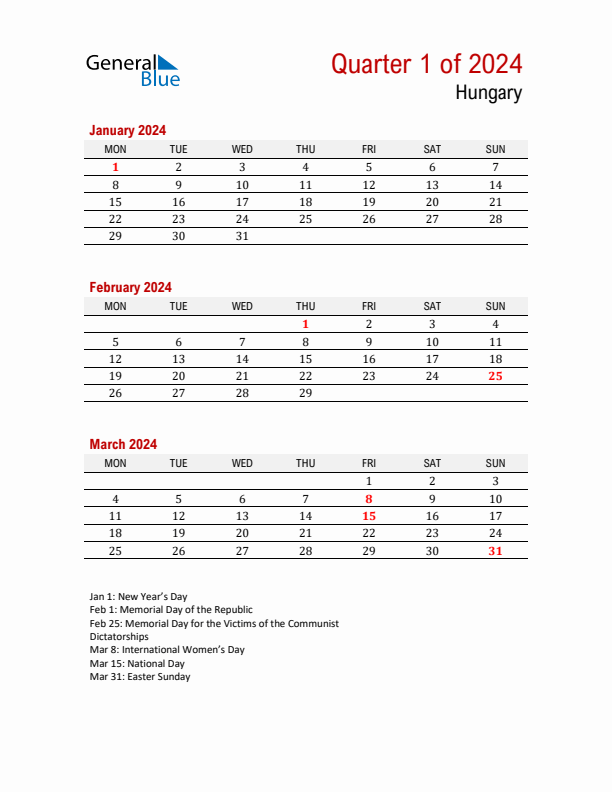 Printable Three Month Calendar with Hungary Holidays