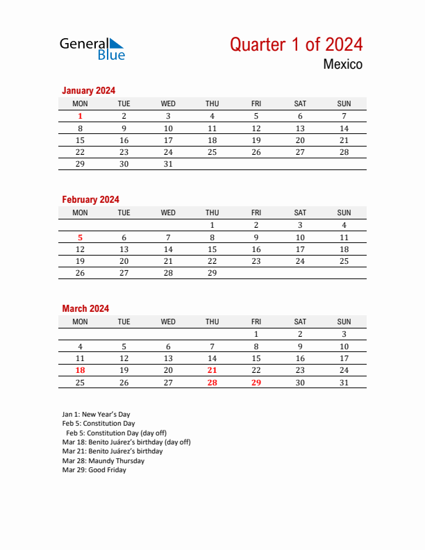 Printable Three Month Calendar with Mexico Holidays