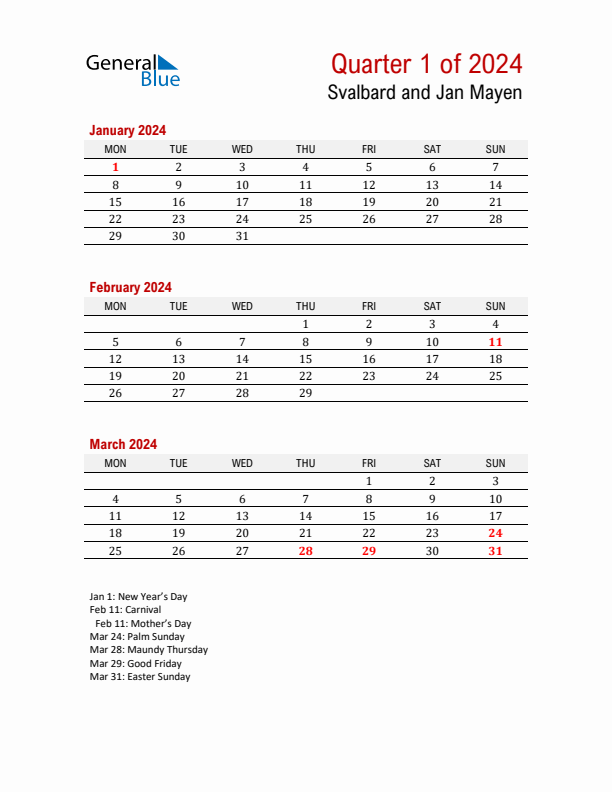 Printable Three Month Calendar with Svalbard and Jan Mayen Holidays