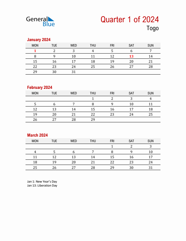 Printable Three Month Calendar with Togo Holidays