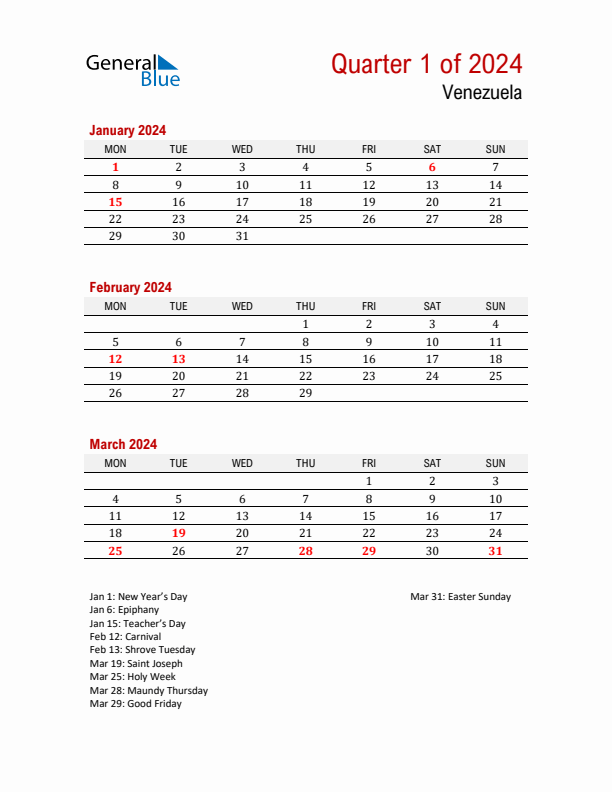 Printable Three Month Calendar with Venezuela Holidays