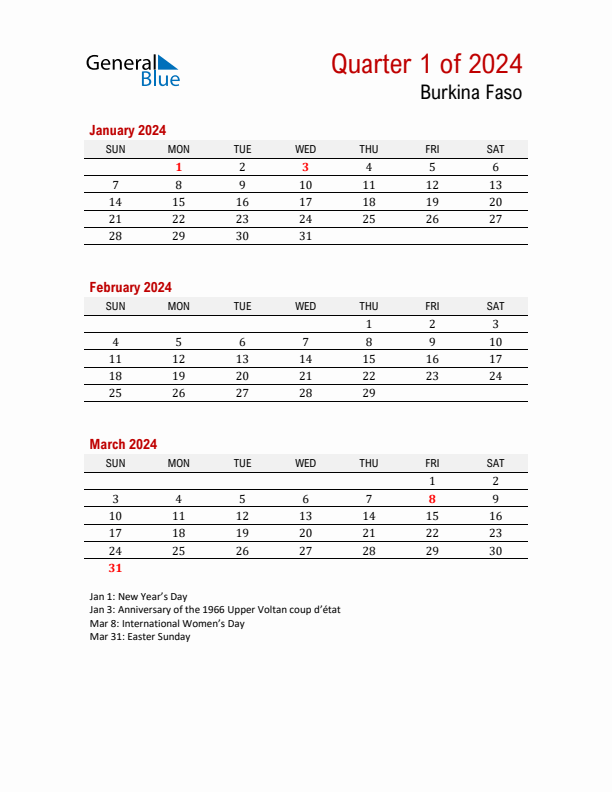 Printable Three Month Calendar with Burkina Faso Holidays