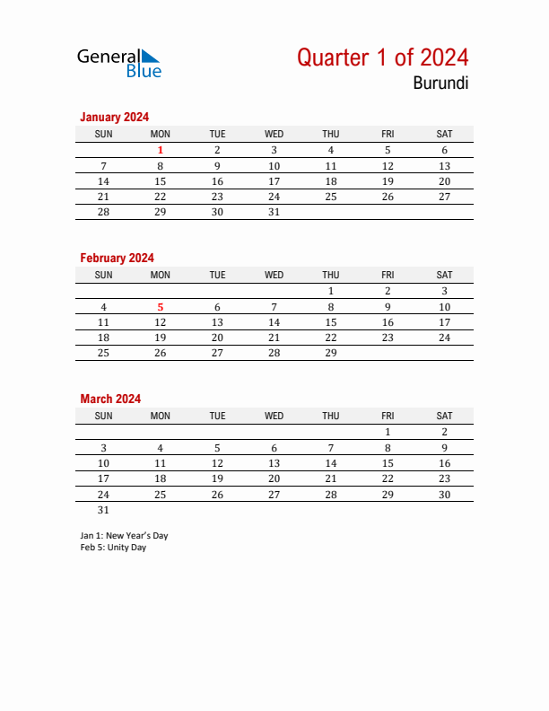 Printable Three Month Calendar with Burundi Holidays