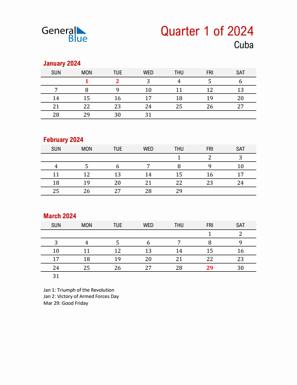 Printable Three Month Calendar with Cuba Holidays