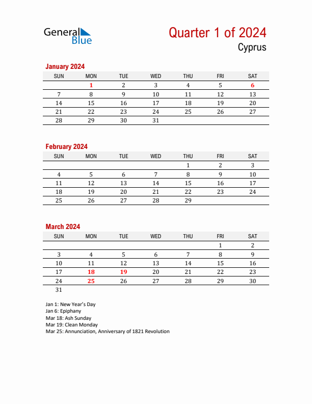 Printable Three Month Calendar with Cyprus Holidays