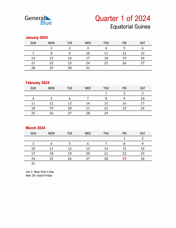 Printable Three Month Calendar with Equatorial Guinea Holidays