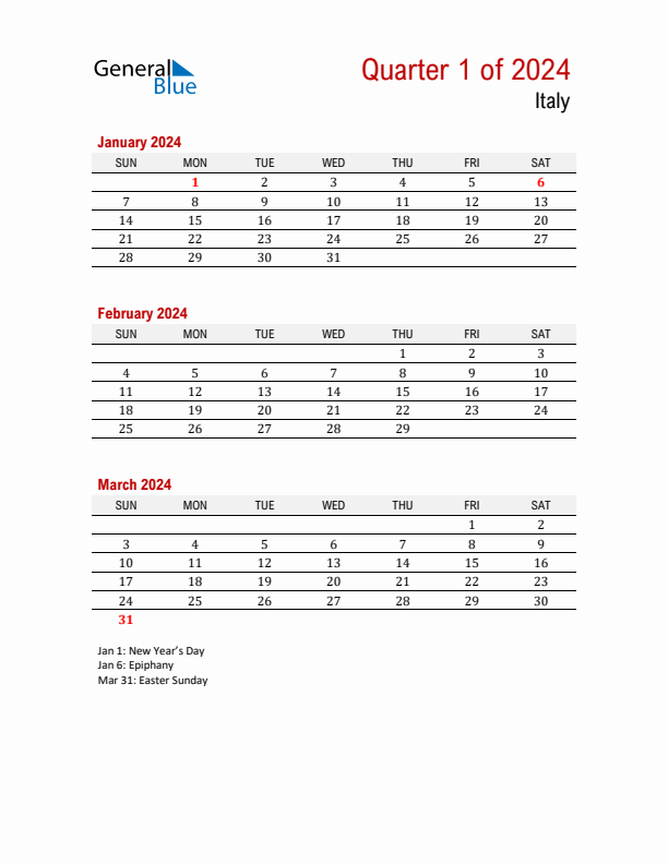 Printable Three Month Calendar with Italy Holidays