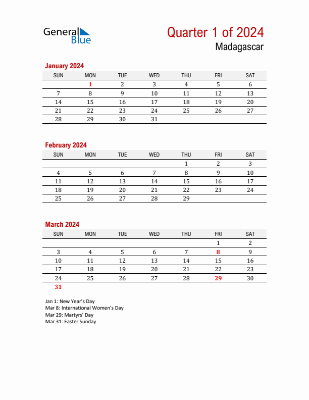 Printable Three Month Calendar with Madagascar Holidays