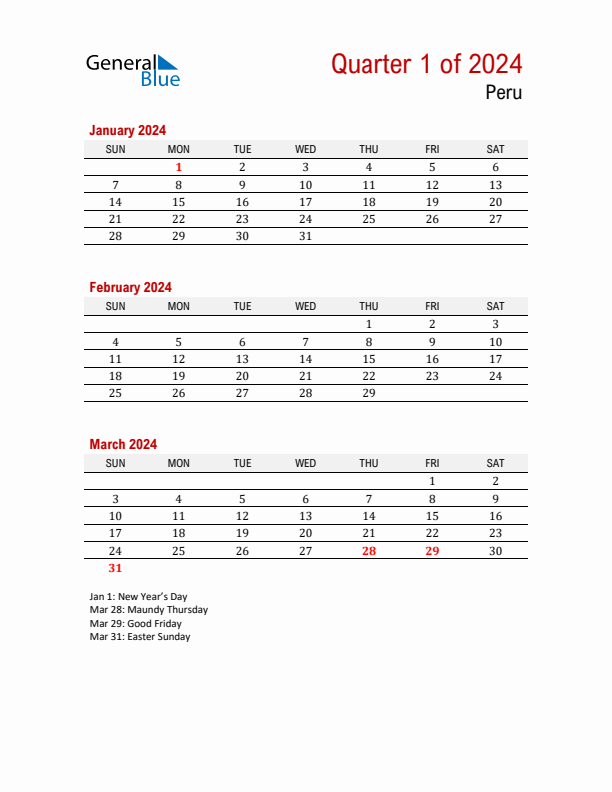 Printable Three Month Calendar with Peru Holidays