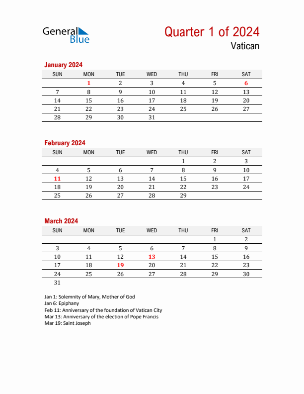 Printable Three Month Calendar with Vatican Holidays