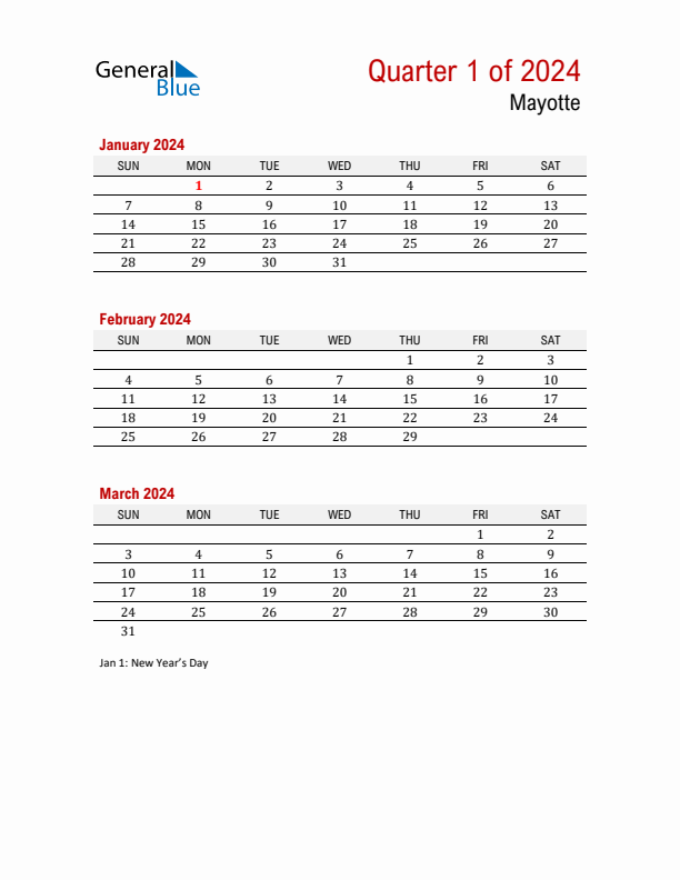 Printable Three Month Calendar with Mayotte Holidays