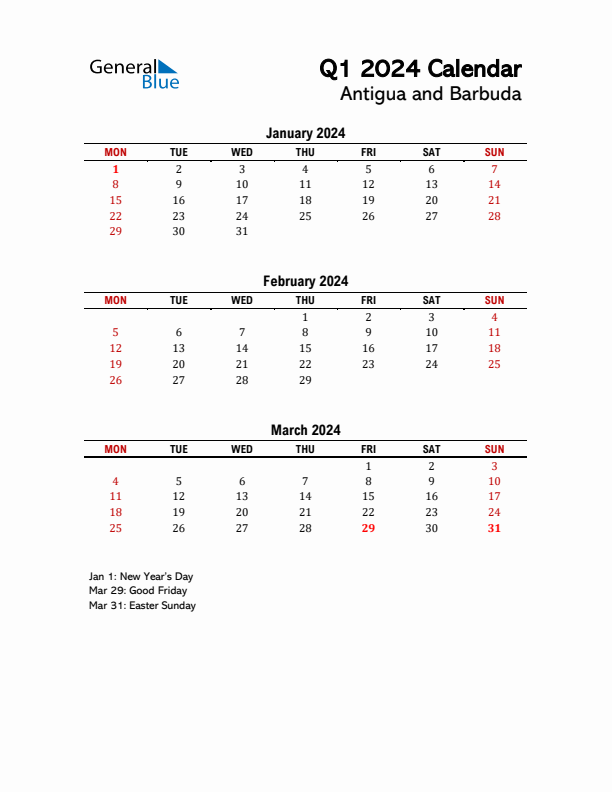 2024 Q1 Calendar with Holidays List for Antigua and Barbuda