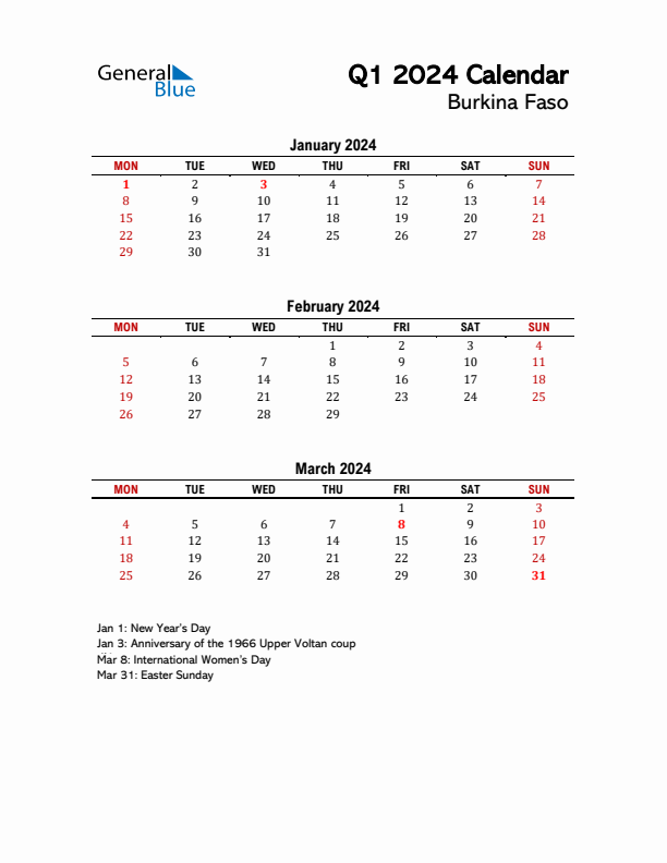 2024 Q1 Calendar with Holidays List for Burkina Faso