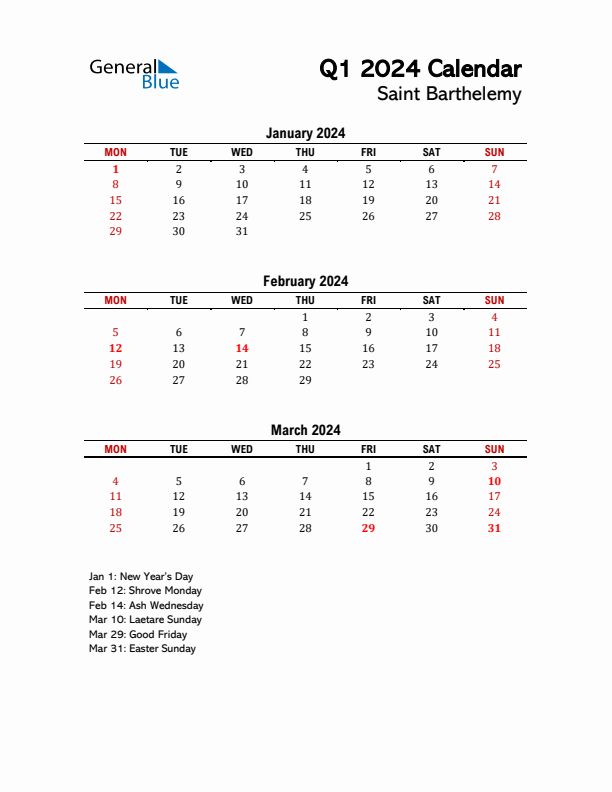 2024 Q1 Calendar with Holidays List for Saint Barthelemy