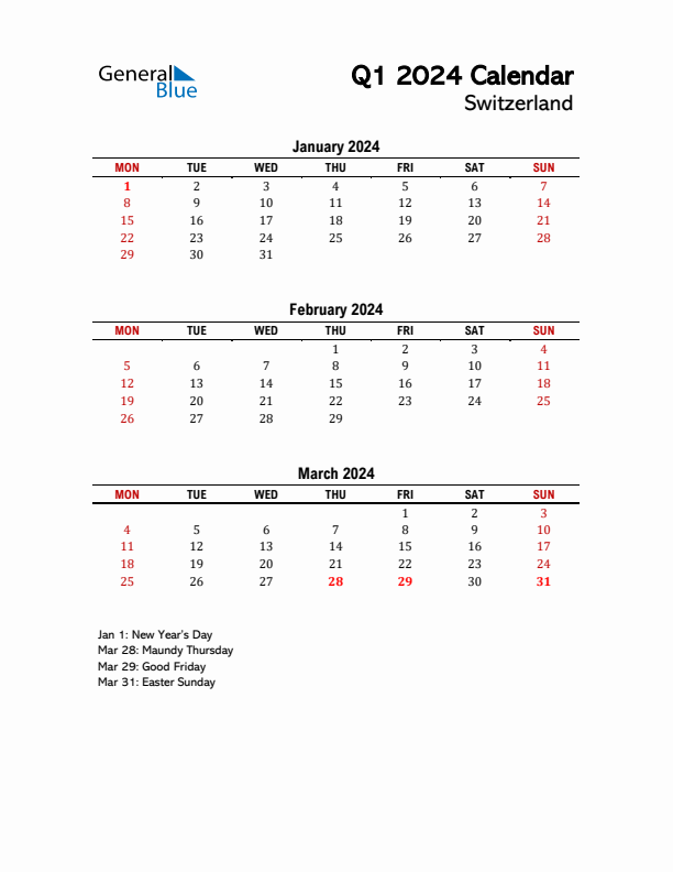 2024 Q1 Calendar with Holidays List for Switzerland