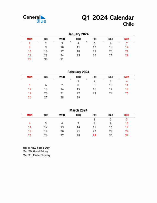 2024 Q1 Calendar with Holidays List for Chile