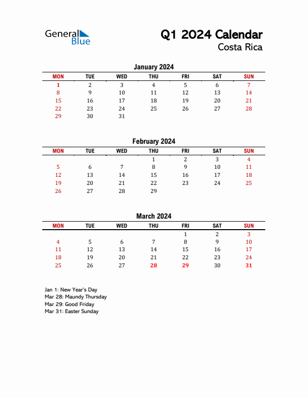 2024 Q1 Calendar with Holidays List for Costa Rica