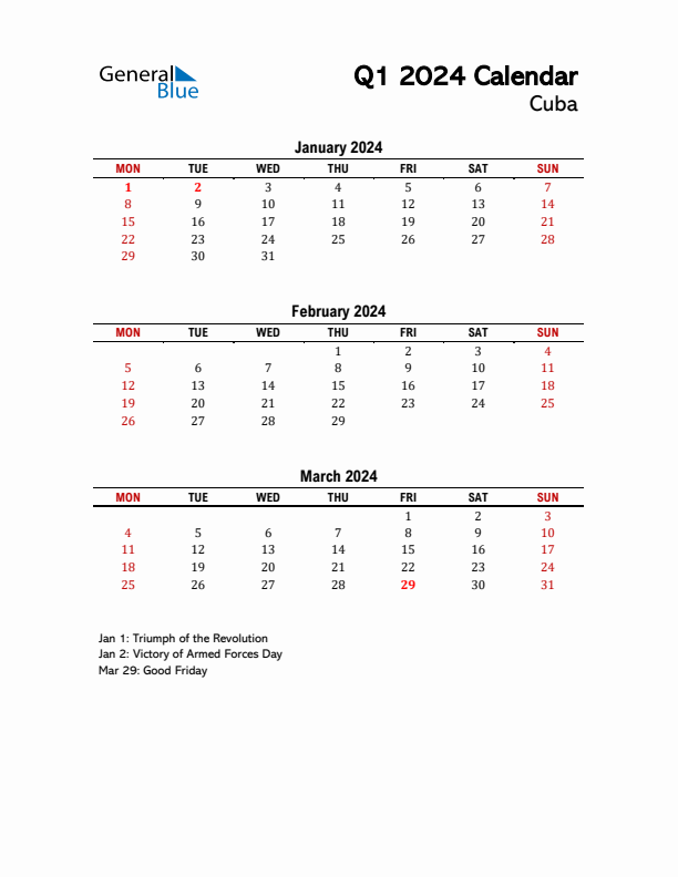 2024 Q1 Calendar with Holidays List for Cuba