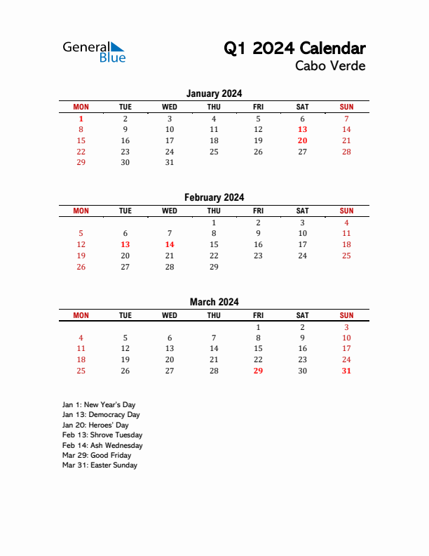 2024 Q1 Calendar with Holidays List for Cabo Verde