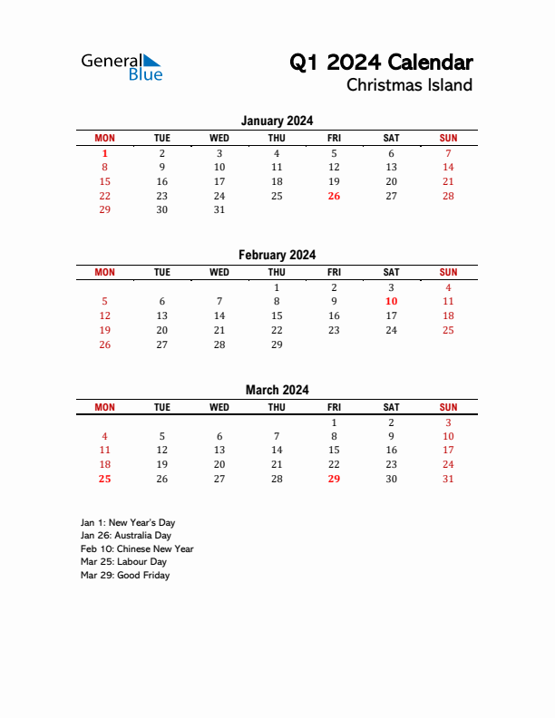 2024 Q1 Calendar with Holidays List for Christmas Island