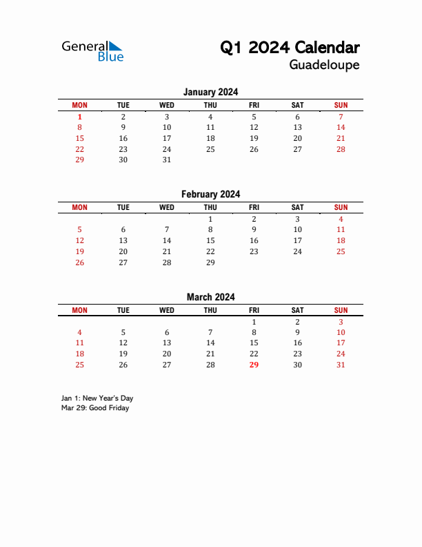 2024 Q1 Calendar with Holidays List for Guadeloupe