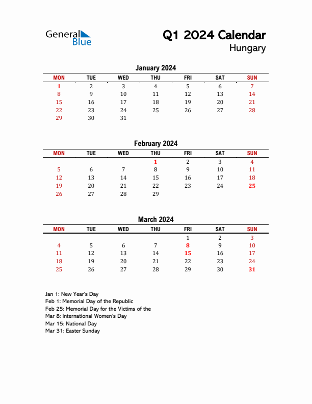 2024 Q1 Calendar with Holidays List for Hungary