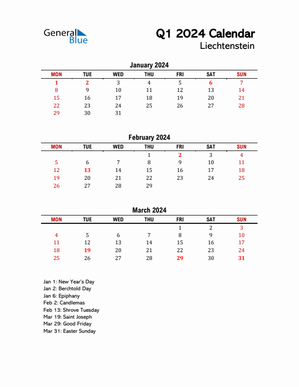 2024 Q1 Calendar with Holidays List for Liechtenstein