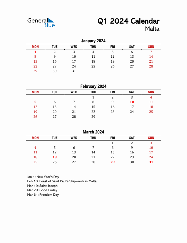 2024 Q1 Calendar with Holidays List for Malta