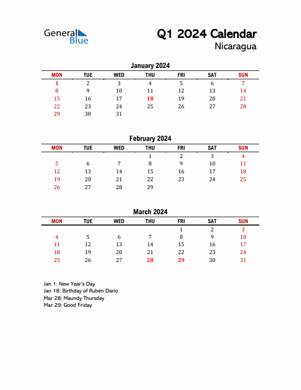 2024 Q1 Calendar with Holidays List for Nicaragua