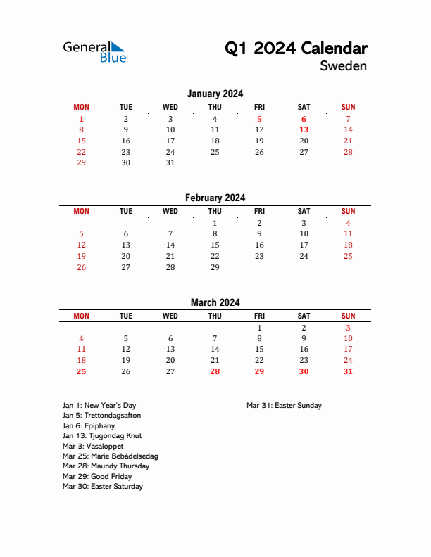 2024 Q1 Calendar with Holidays List for Sweden