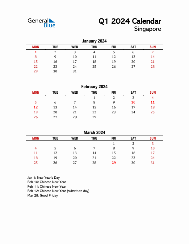 2024 Q1 Calendar with Holidays List for Singapore