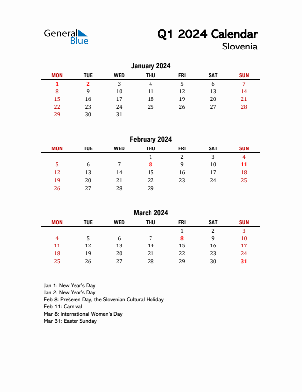 2024 Q1 Calendar with Holidays List for Slovenia