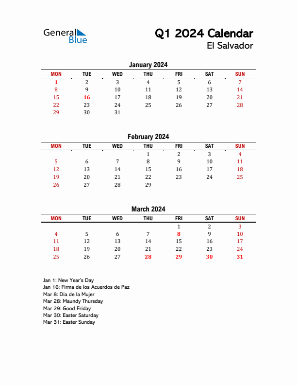 2024 Q1 Calendar with Holidays List for El Salvador