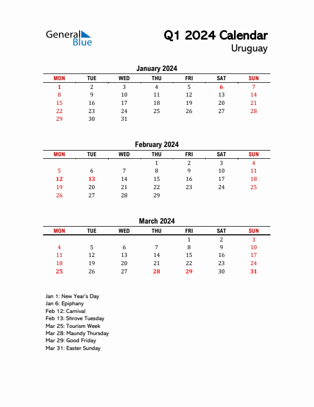 2024 Q1 Calendar with Holidays List for Uruguay