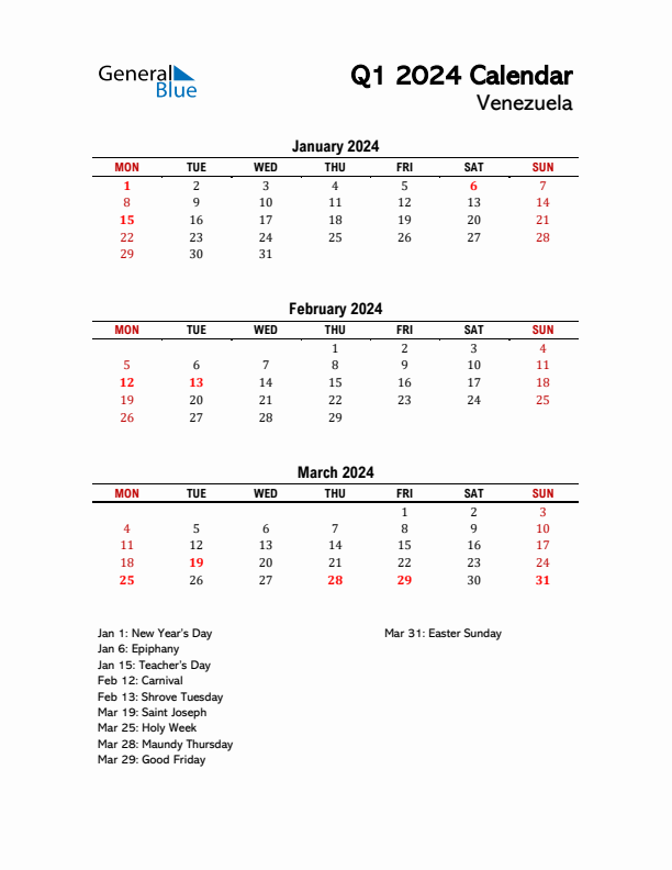 2024 Q1 Calendar with Holidays List for Venezuela