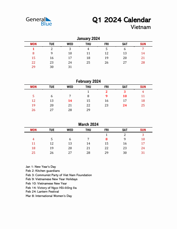 2024 Q1 Calendar with Holidays List for Vietnam