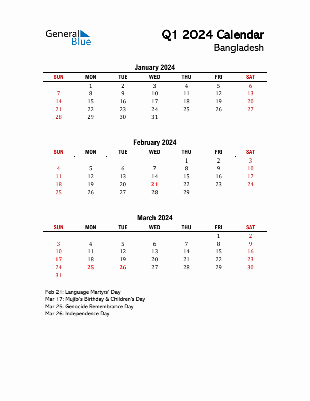 2024 Q1 Calendar with Holidays List for Bangladesh