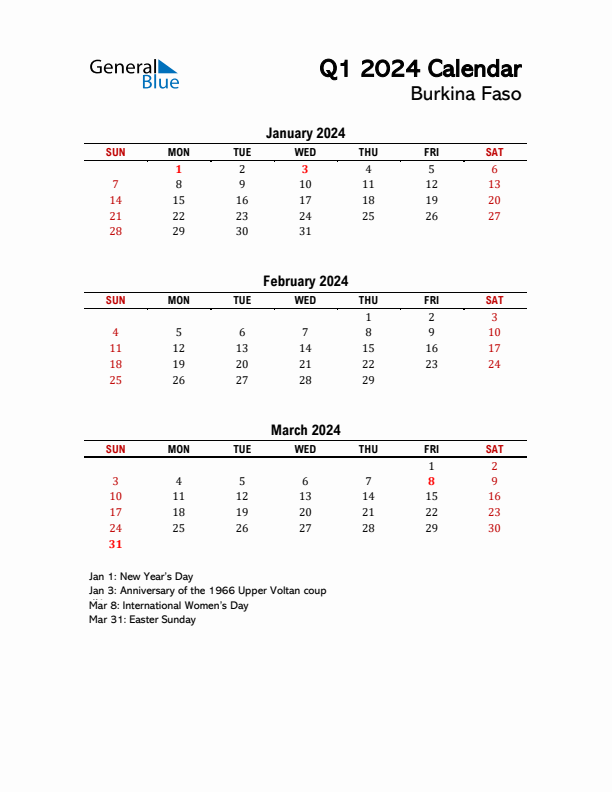 2024 Q1 Calendar with Holidays List for Burkina Faso