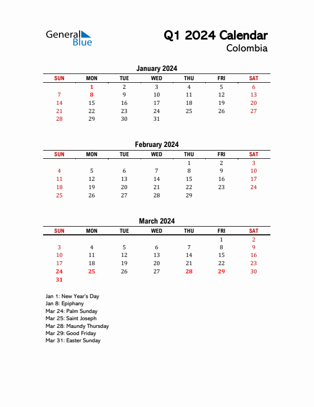 2024 Q1 Calendar with Holidays List for Colombia