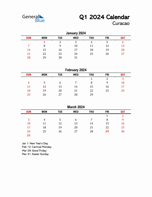 2024 Q1 Calendar with Holidays List for Curacao