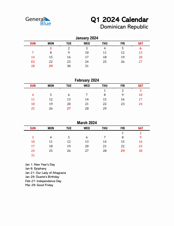 2024 Q1 Calendar with Holidays List for Dominican Republic