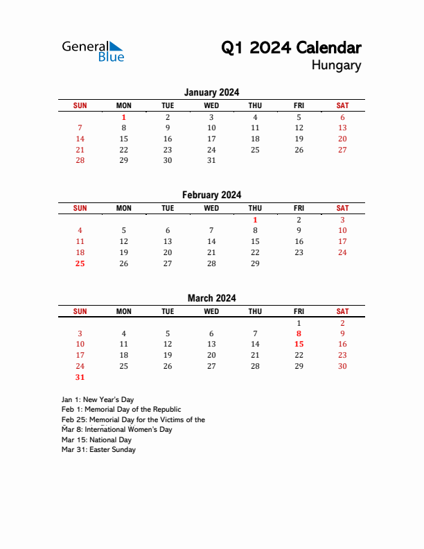 2024 Q1 Calendar with Holidays List for Hungary